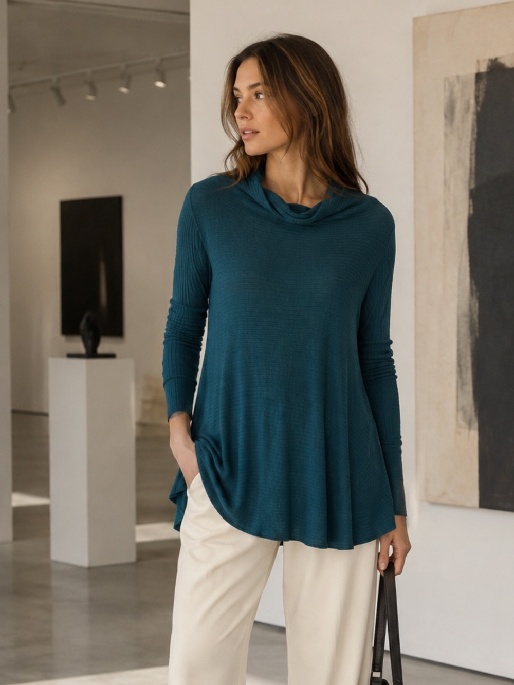 WE THE FREE Lover Casual Relaxed Teal Rib Knit Funnel Neck Long Sleeve Tee, S